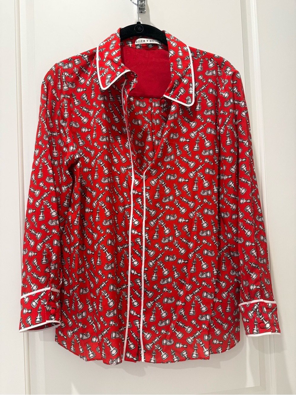 Alice + Olivia Red Printed Long-Sleeve Blouse with White Piping